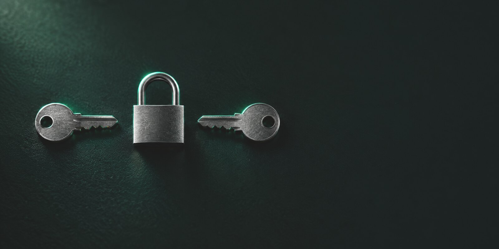 Two brass keys lying either side of a closed padlock on a pale surface